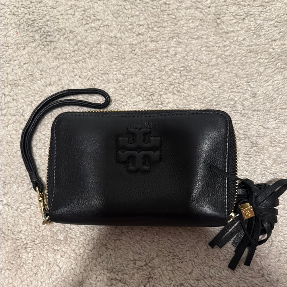 Tory Burch Black Leather Wristlet with Tassel